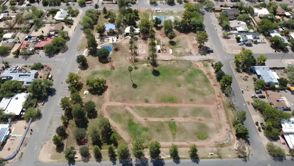 Irrigation trench layout across a park field, aerial